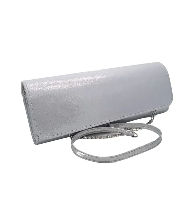 Emis Womans Leather Silver Shimmery Flapover Clutch Bag - T20